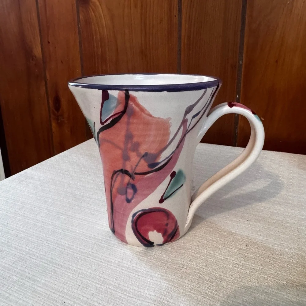Vintage Clay & Color studio pottery mug featuring a hand-painted abstract design